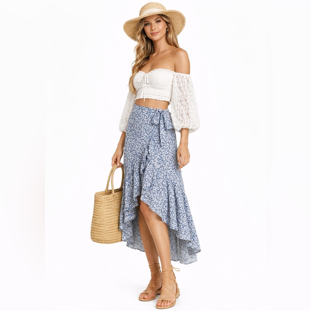 Polo Ralph Lauren Floral Asymmetrical Ruffle Crepe Skirt Women 6 Ditsy Western